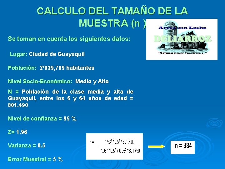 CALCULO DEL TAMAÑO DE LA MUESTRA (n ) Se toman en cuenta los siguientes