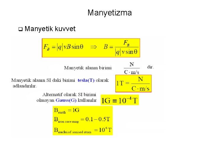 Manyetizma q Manyetik kuvvet Manyetik alanın birimleri 