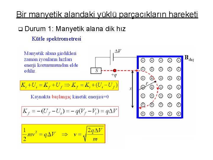 Bir manyetik alandaki yüklü parçacıkların hareketi q Durum 1: Manyetik alana dik hız Kütle