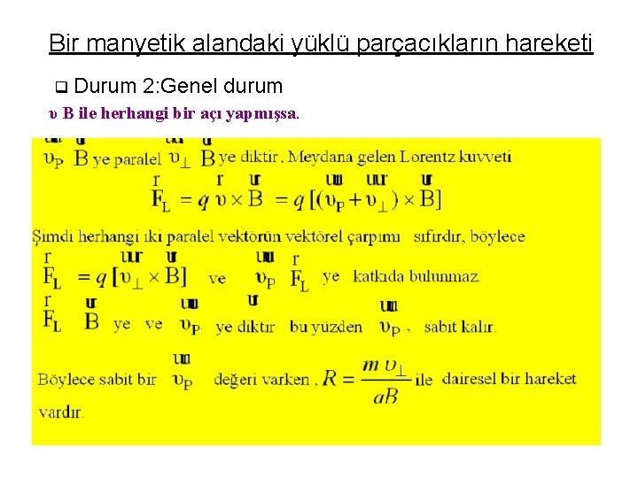 Bir manyetik alandaki yüklü parçacıkların hareketi q Durum 2: Genel durum υ B ile