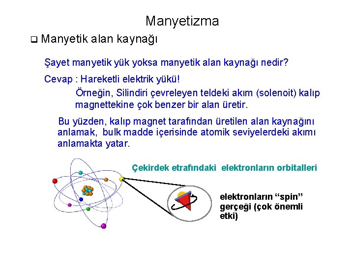 Manyetizma q Manyetik alan kaynağı Şayet manyetik yük yoksa manyetik alan kaynağı nedir? Cevap