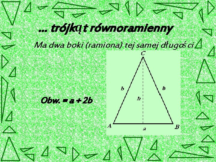 … trójkąt równoramienny Ma dwa boki (ramiona) tej samej długości Obw. = a +