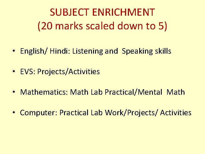 SUBJECT ENRICHMENT (20 marks scaled down to 5) • English/ Hindi: Listening and Speaking