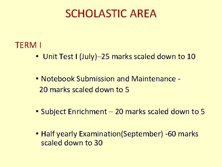 SCHOLASTIC AREA TERM I • Unit Test I (July)– 25 marks scaled down to