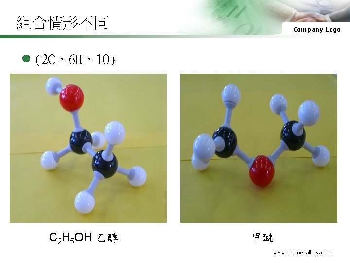 組合情形不同 Company Logo l (2 C、6 H、1 O) C 2 H 5 OH 乙醇