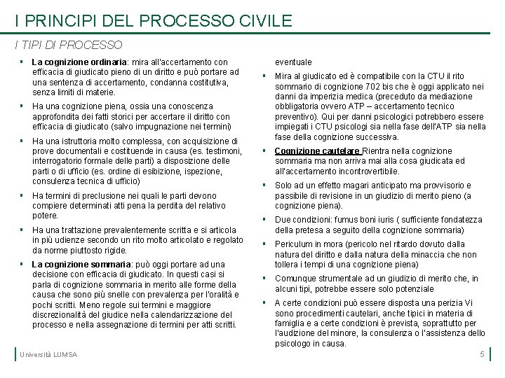 I PRINCIPI DEL PROCESSO CIVILE I TIPI DI PROCESSO § La cognizione ordinaria: mira