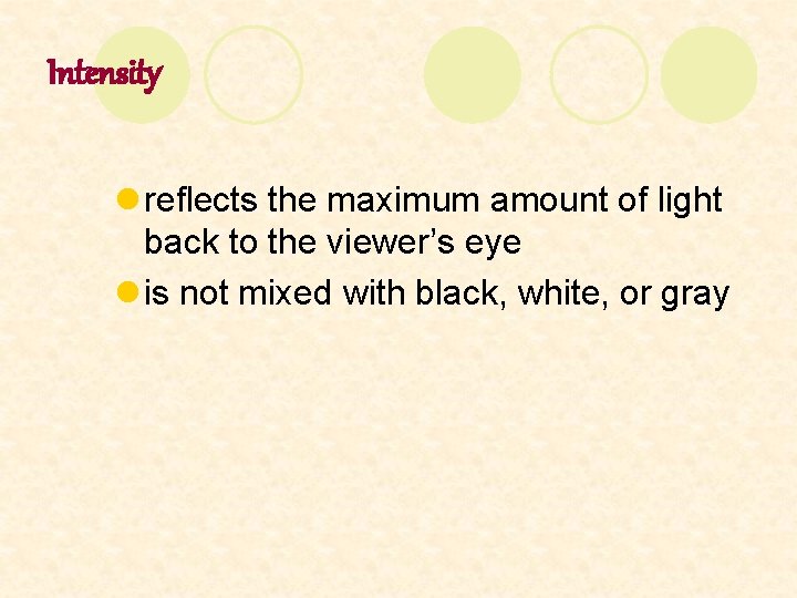 Intensity l reflects the maximum amount of light back to the viewer’s eye l