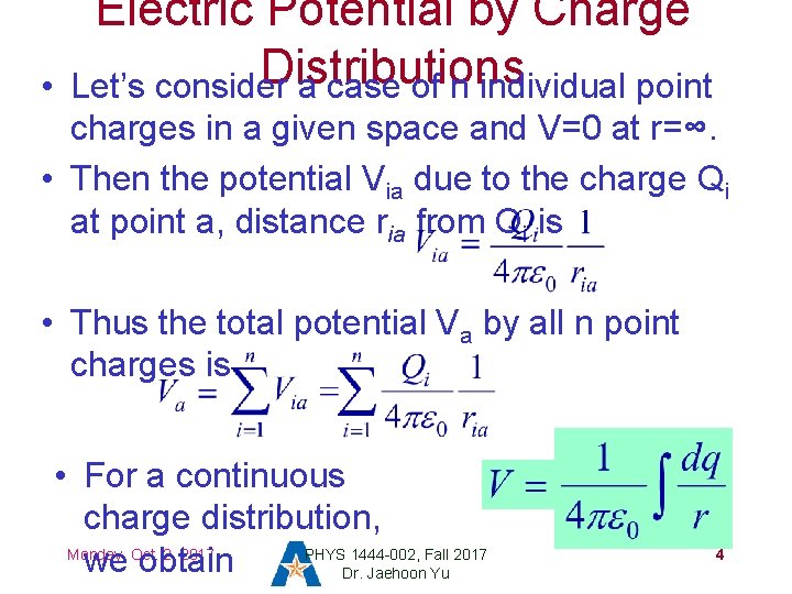  • Electric Potential by Charge Distributions Let’s consider a case of n individual