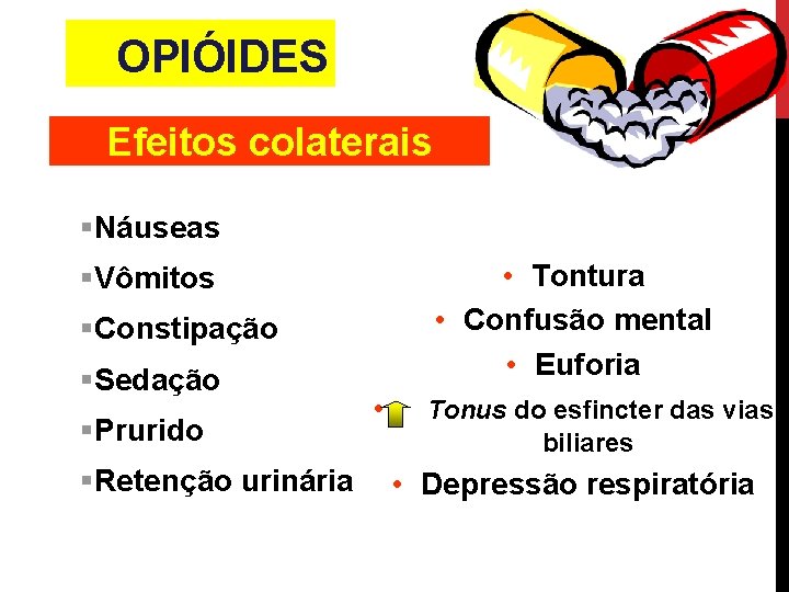 OPIÓIDES Efeitos colaterais §Náuseas • Tontura • Confusão mental • Euforia §Vômitos §Constipação §Sedação