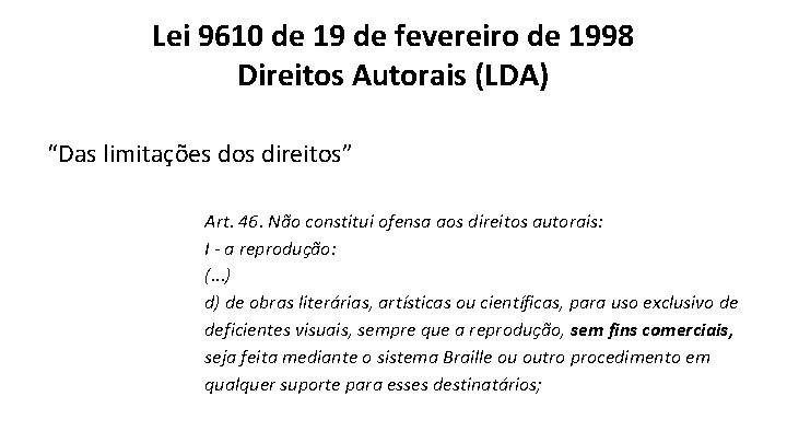 Lei 9610 de 19 de fevereiro de 1998 Direitos Autorais (LDA) “Das limitações dos