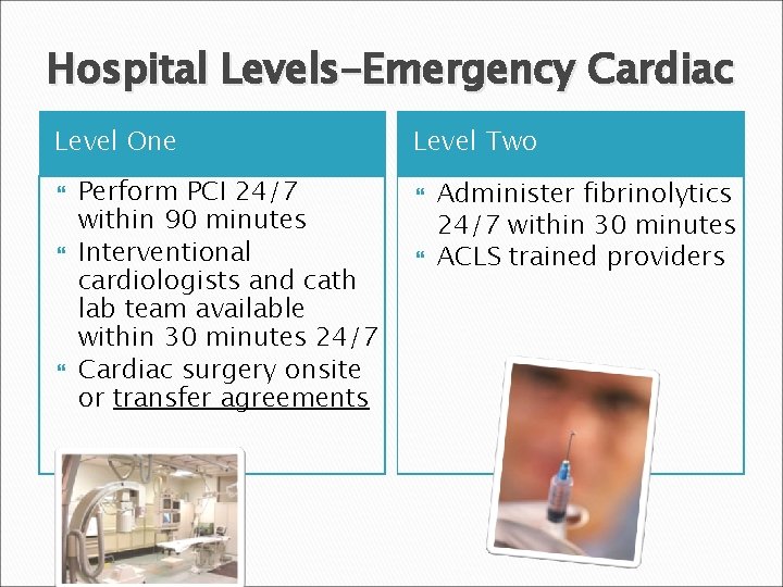 Hospital Levels-Emergency Cardiac Level One Perform PCI 24/7 within 90 minutes Interventional cardiologists and