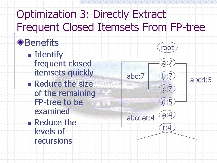 Optimization 3: Directly Extract Frequent Closed Itemsets From FP-tree Benefits n n n Identify
