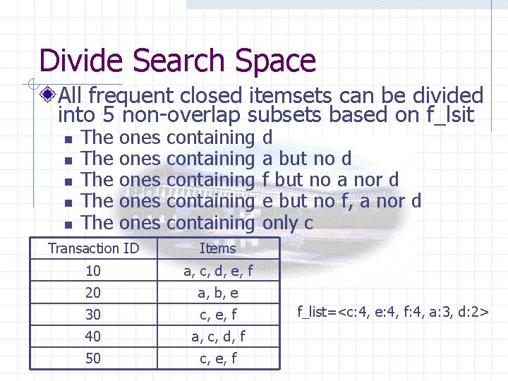 Divide Search Space All frequent closed itemsets can be divided into 5 non-overlap subsets