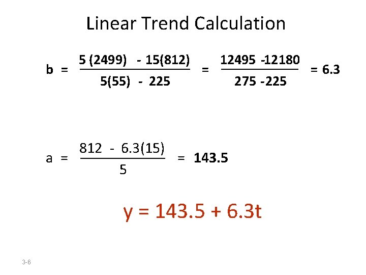 Linear Trend Calculation b = 5 (2499) - 15(812) 5(55) - 225 = 12495