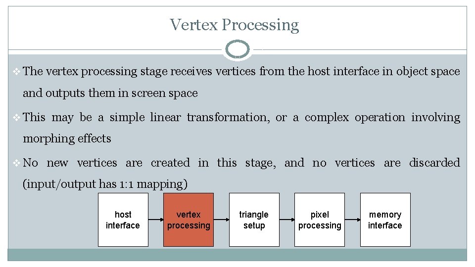 Vertex Processing v The vertex processing stage receives vertices from the host interface in