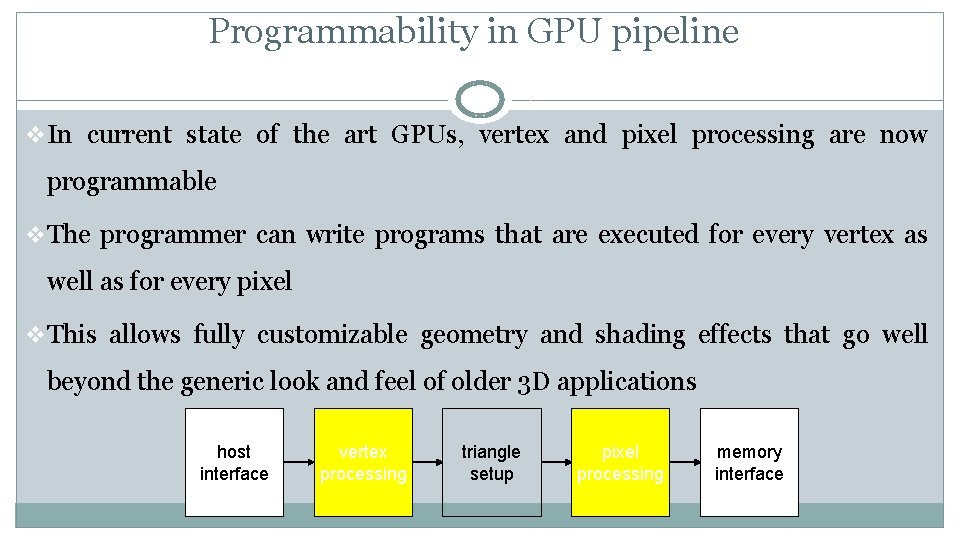 Programmability in GPU pipeline v In current state of the art GPUs, vertex and