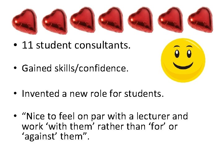 • 11 student consultants. • Gained skills/confidence. • Invented a new role for • 11 student consultants. • Gained skills/confidence. • Invented a new role for