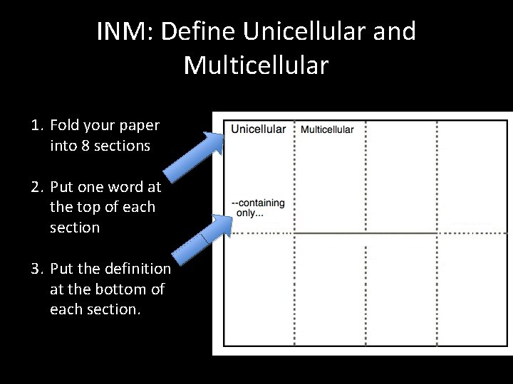 INM: Define Unicellular and Multicellular 1. Fold your paper into 8 sections 2. Put