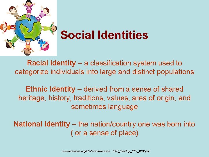 Social Identities Racial Identity – a classification system used to categorize individuals into large
