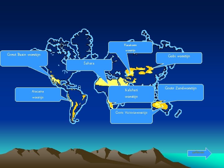 Karakoem woestijn Great Basin woestijn Sahara Atacama woestijn Kalahari woestijn Gobi woestijn Grote Zandwoestijn