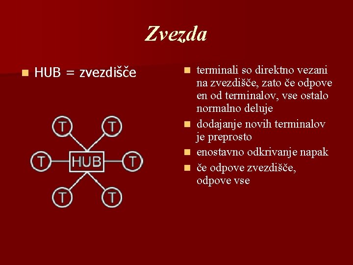 Zvezda n HUB = zvezdišče n n terminali so direktno vezani na zvezdišče, zato