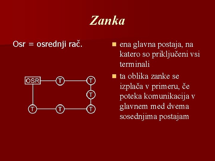 Zanka Osr = osrednji rač. ena glavna postaja, na katero so priključeni vsi terminali