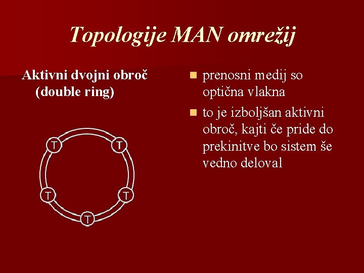 Topologije MAN omrežij Aktivni dvojni obroč n prenosni medij so (double ring) optična vlakna