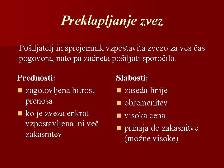 Preklapljanje zvez Pošiljatelj in sprejemnik vzpostavita zvezo za ves čas pogovora, nato pa začneta