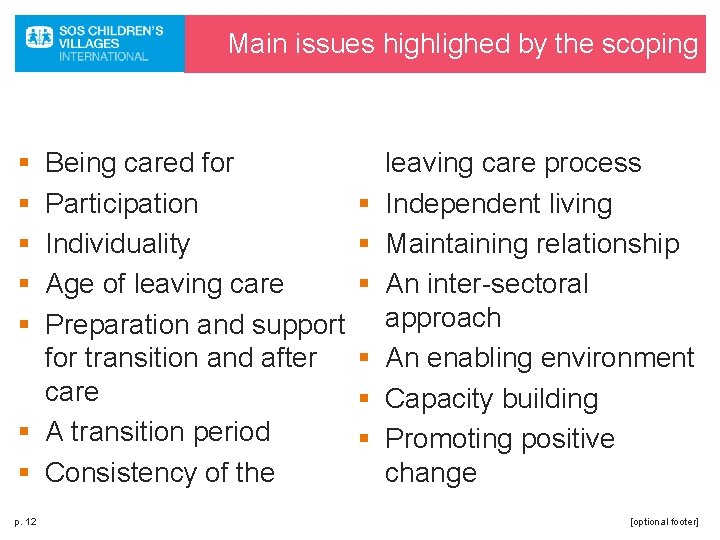 Main issues highlighed by the scoping § § § Being cared for Participation Individuality