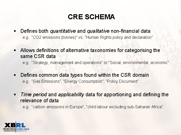 CRE SCHEMA § Defines both quantitative and qualitative non-financial data e. g. “CO 2