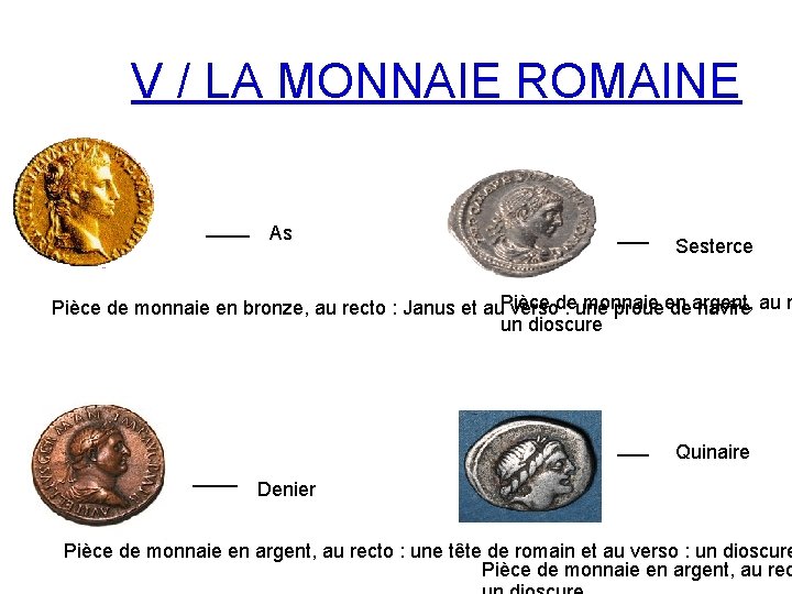 V / LA MONNAIE ROMAINE As Sesterce Pièce de monnaie en argent, au r