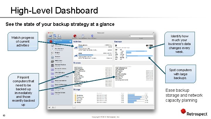 High-Level Dashboard See the state of your backup strategy at a glance Identify how