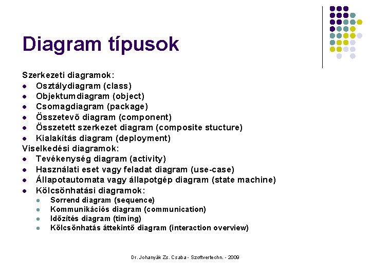 Diagram típusok Szerkezeti diagramok: l Osztálydiagram (class) l Objektumdiagram (object) l Csomagdiagram (package) l