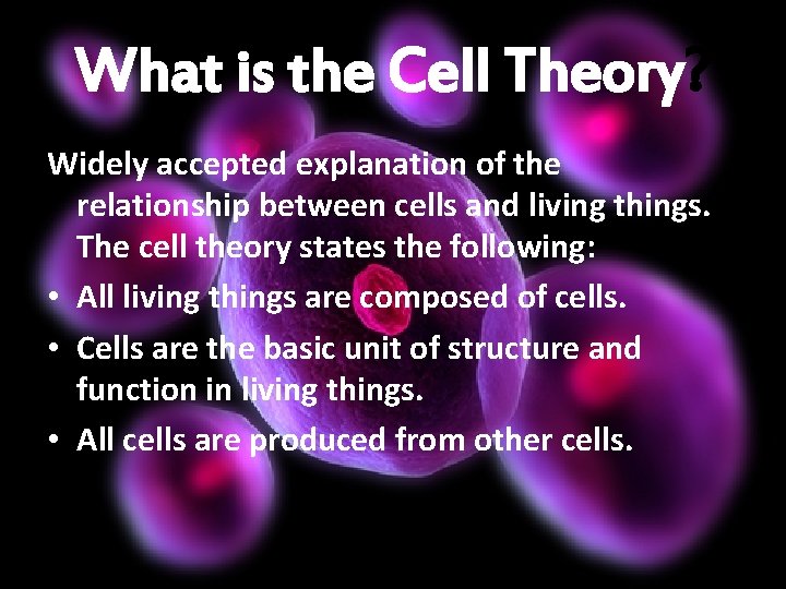 What is the Cell Theory? Widely accepted explanation of the relationship between cells and