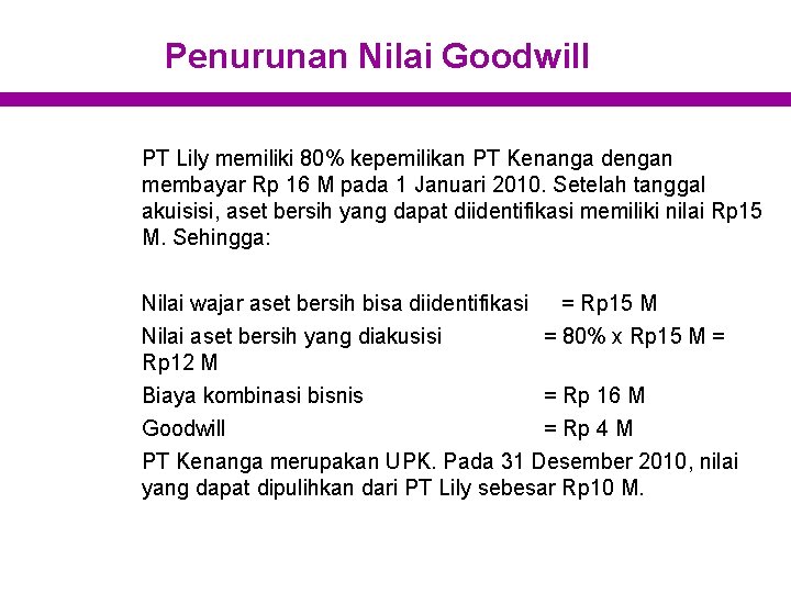 Penurunan Nilai Goodwill PT Lily memiliki 80% kepemilikan PT Kenanga dengan membayar Rp 16