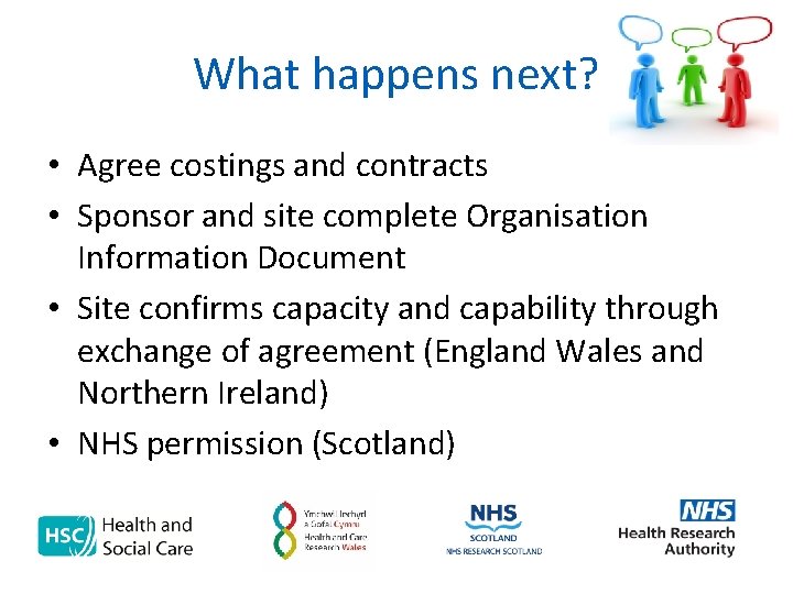 What happens next? • Agree costings and contracts • Sponsor and site complete Organisation