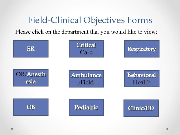Field-Clinical Objectives Forms Please click on the department that you would like to view: