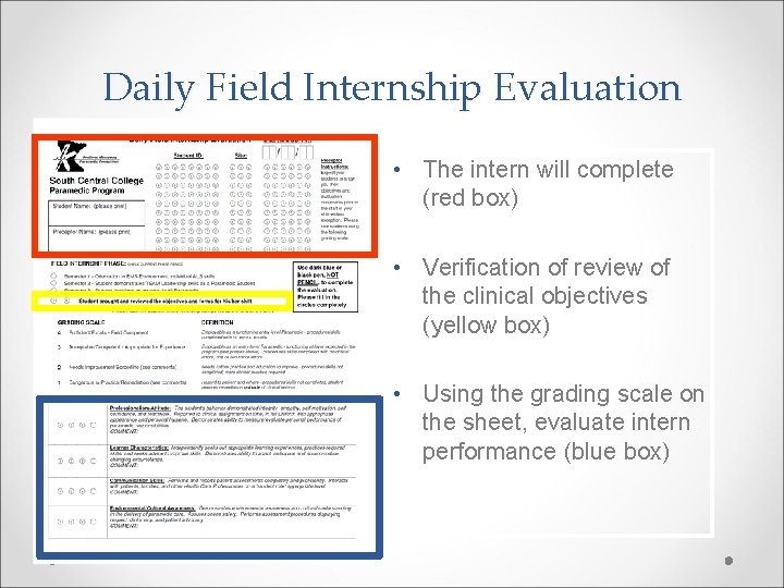 Daily Field Internship Evaluation • The intern will complete (red box) • Verification of