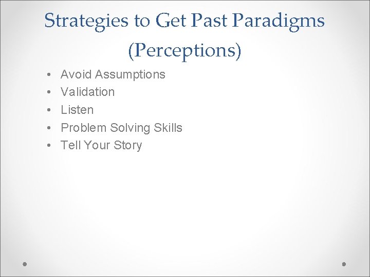 Strategies to Get Past Paradigms (Perceptions) • • • Avoid Assumptions Validation Listen Problem