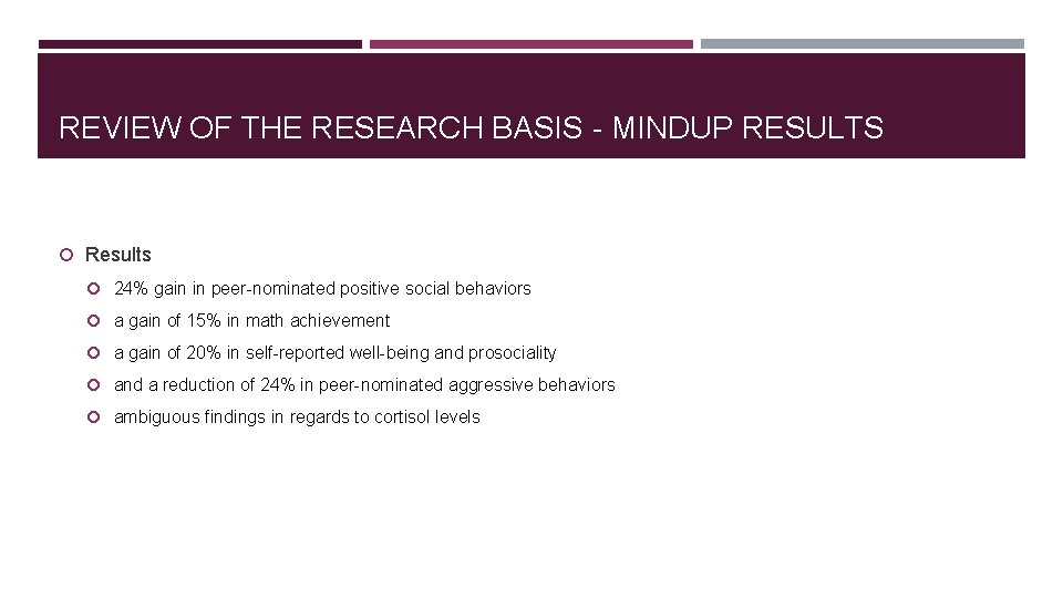 REVIEW OF THE RESEARCH BASIS - MINDUP RESULTS Results 24% gain in peer-nominated positive REVIEW OF THE RESEARCH BASIS - MINDUP RESULTS Results 24% gain in peer-nominated positive
