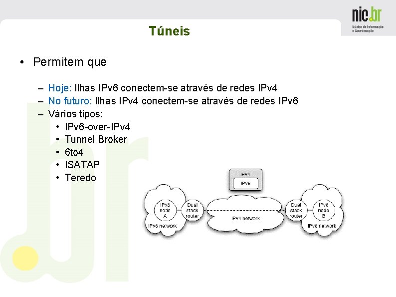 Túneis • Permitem que – Hoje: Ilhas IPv 6 conectem-se através de redes IPv