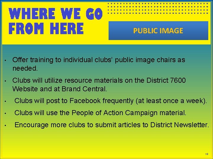 PUBLIC IMAGE • Offer training to individual clubs’ public image chairs as needed. •