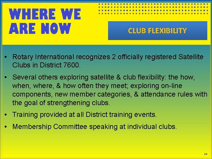CLUB FLEXIBILITY • Rotary International recognizes 2 officially registered Satellite Clubs in District 7600.