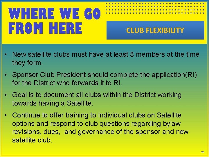 CLUB FLEXIBILITY • New satellite clubs must have at least 8 members at the