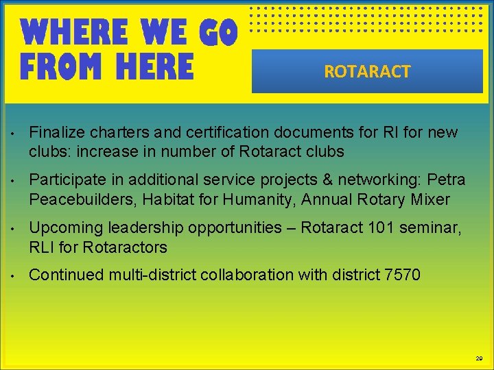 ROTARACT • Finalize charters and certification documents for RI for new clubs: increase in