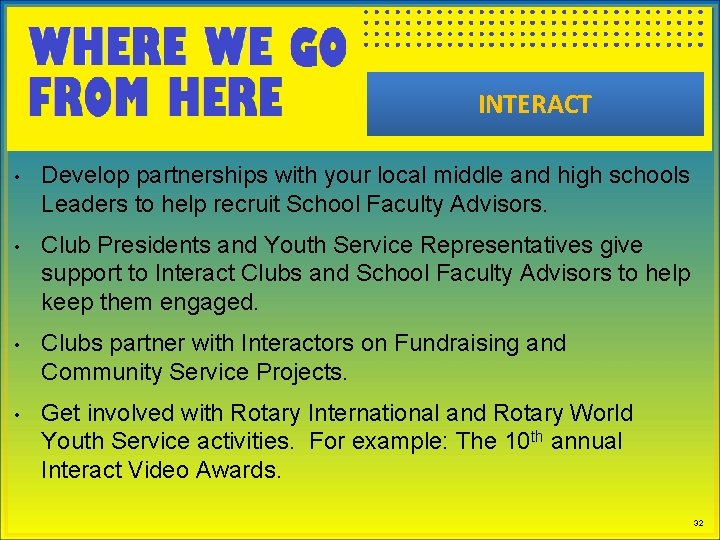 INTERACT • Develop partnerships with your local middle and high schools Leaders to help