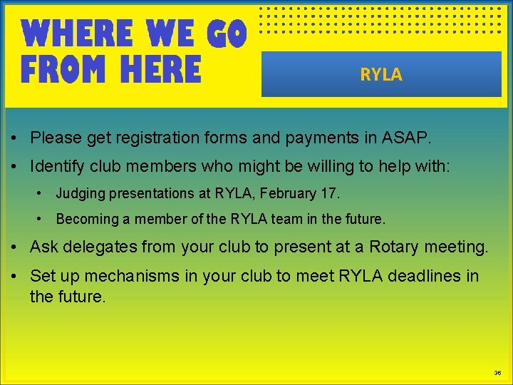 RYLA • Please get registration forms and payments in ASAP. • Identify club members