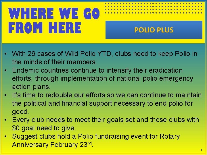 POLIO PLUS • With 29 cases of Wild Polio YTD, clubs need to keep