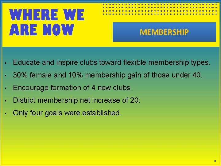 MEMBERSHIP • Educate and inspire clubs toward flexible membership types. • 30% female and