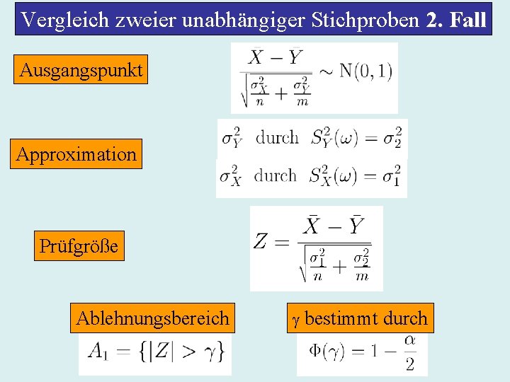 Vergleich zweier unabhängiger Stichproben 2. Fall Ausgangspunkt Approximation Prüfgröße Ablehnungsbereich bestimmt durch 